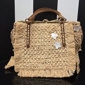 Sans Arcidet Paris Beige Woven Raffia  Tote Bag with Floral Accents NEW